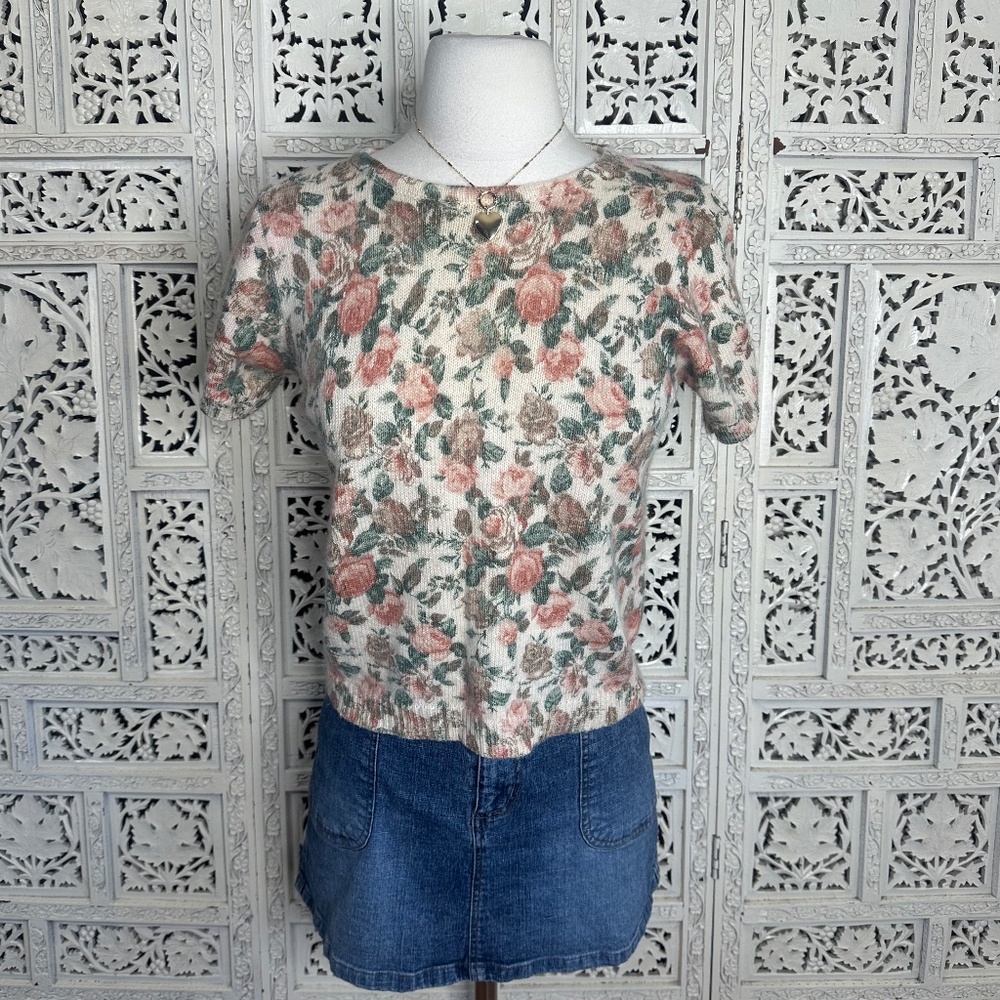 Vintage Angora Blend Floral Grannycore Cottage Soft Short Sleeve Sweater Sz M
